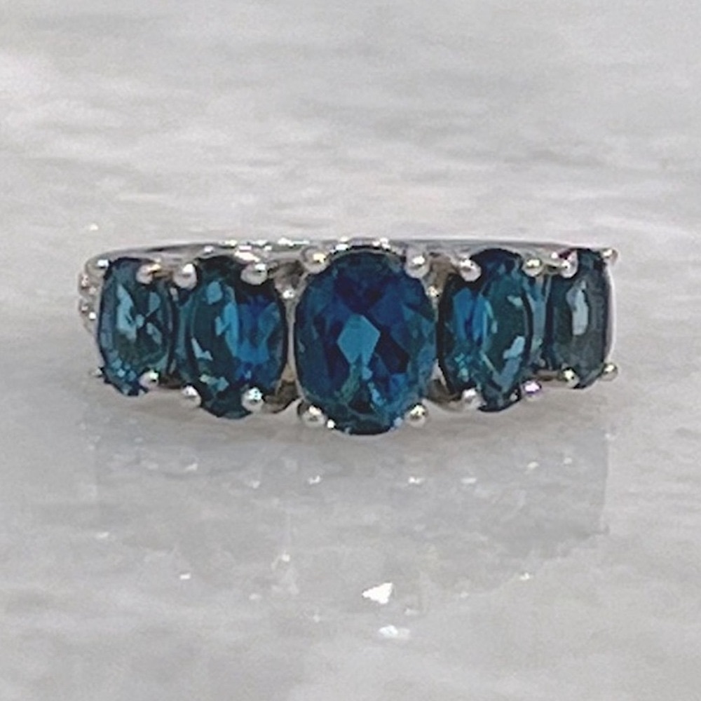 London Blue Topaz White Zircon Sterling Silver 5 Stone Ring Sz 8